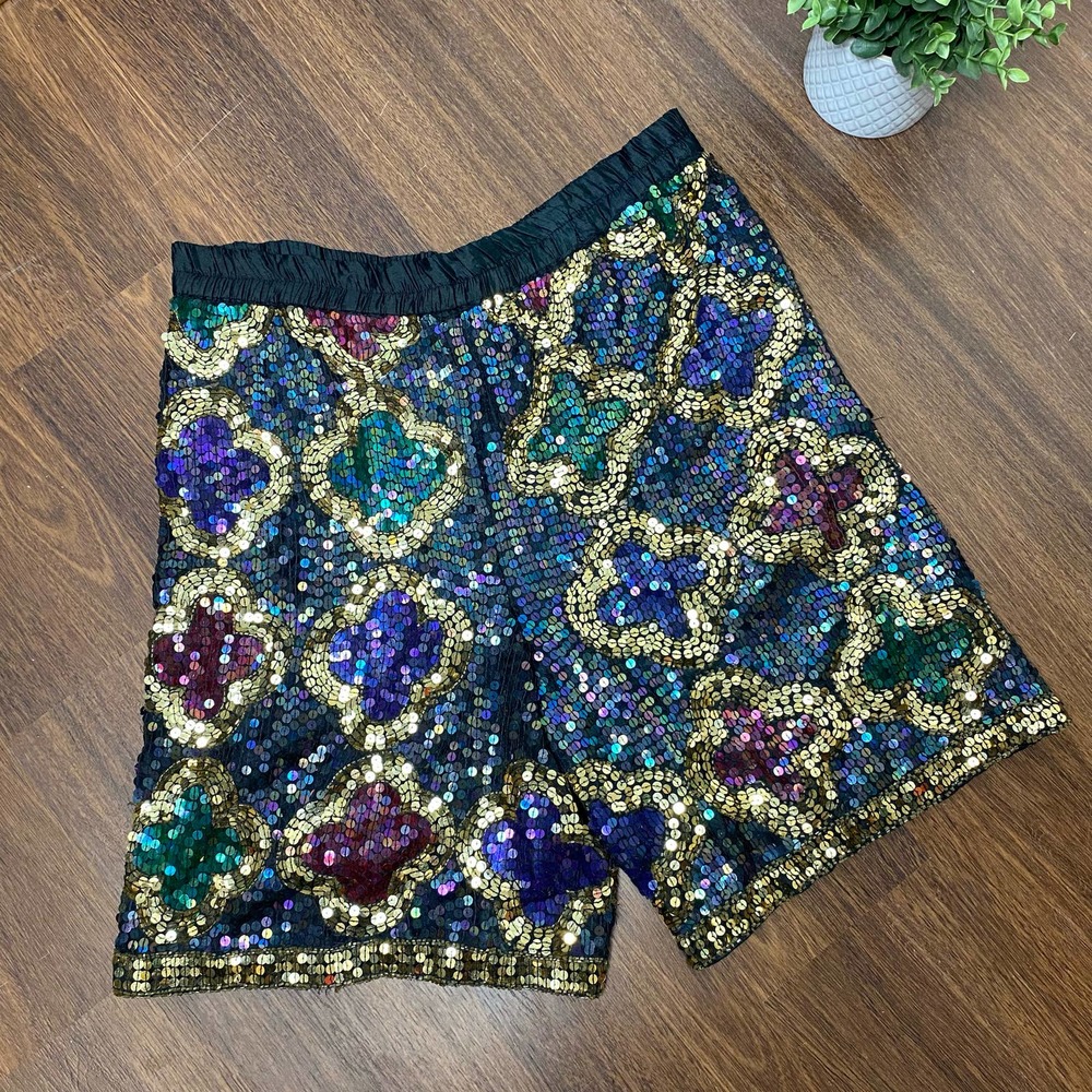 Vintage SNF Silk Sequin Shorts Quatrefoil Flower Glitz Glam Black Gold Peacock - Picture 1 of 7